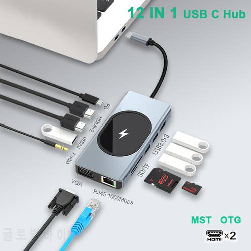 USB C Hub Adapter with Dual HDMI Monitors VGA Gigabit Ethernet RJ45 Wireless Charger 100W PD SD/TF for MacBook Pro Huawei Lenovo