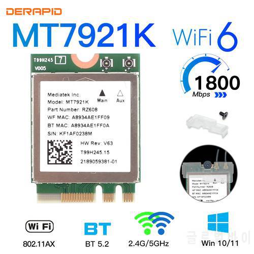 WiFi 6 MT7921K Dual Band Blue-tooth 5.2 Wirelss Adapter 1800Mbps Support MU-MIMO NGFF Network Card For Laptop/PC Winddws 10/11