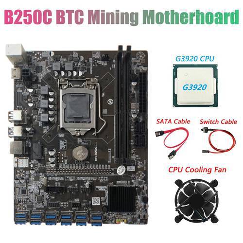 B250C BTC Mining Motherboard with G3930 CPU+Fan+SATA Cable+Switch Cable 12*PCIE to USB3.0 GPU Slot Support DDR4 DIMM RAM