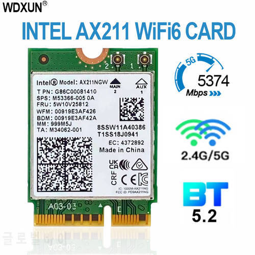 WiFi 6E AX211NGW Tri Band 2.4G/5G/6Ghz Wireless Network Wifi Card Adapter For Bluetooth 5.2 Intel AX211 M.2 KeyE CNVio Windows10
