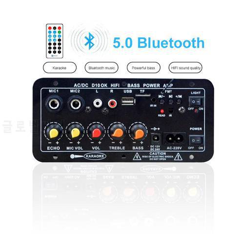 EU/US Bluetooth Power Amplifier Board Digital Dual Microphone Input AC 220V Wireless Receiver And FM Radio For 8-12 Inch Speaker