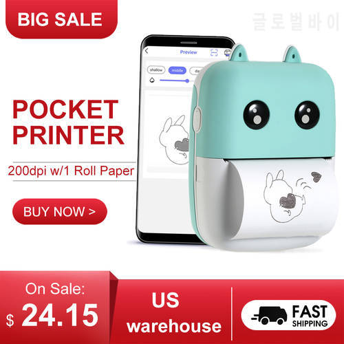Mini Pocket Thermal Printer 58mm Wireless BT Printer 200dpi with 1 Roll Thermal Paper for Printing Photo Memo Label List Journal