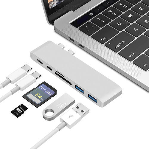 USB C Hub 6 in 1 Dongle USB-C Multiport Adapter with 2USB Ports SD/TF Card Reader Compatible for Macbook