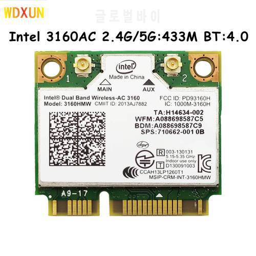 Mini PCI-e Wifi bluetooth laptop card Dual Band 2.4ghz 5Ghz For Intel 3160 3160HMW AC3160 802.11ac Wireless AC + Bluetooth 4.0