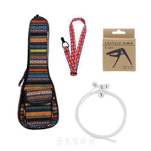 Ukulele Kit 23inch Ethnic Ukulele Bag+U630 String+Flag Style Strap+Capo Delicate Ukelele Set Musical Instrument Accessories