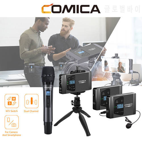 Wireless Lavalier Microphone Comica CVM-WS60 with UHF 12 Channels, 194FT Wireless Range, Lapel Mics for iPhone with Tripod Vlog
