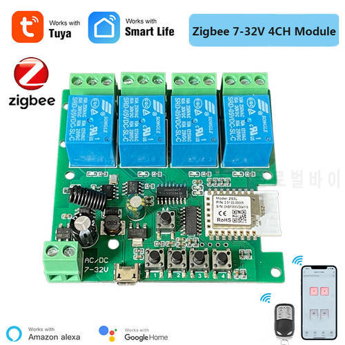 4CH Zigbee Smart Light Switch Module DC 5/12/32V RF433 Receive 10A Relays Work With Alexa Google Assistant,Tuya Smart Life App