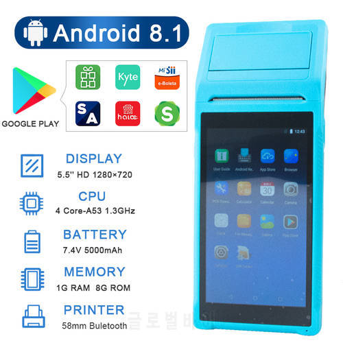 8.1 Android POS 58mm Bluetooth Thermal Printer Receipt Portable Terminal Handheld PDA Point Of Sale System All in One Impressora