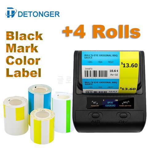 DETONGER DP30S 30-80mm Mini Portable Thermal Printer Plus 4 Rolls Black Mark Label Sticker BT Barcode Maker Android / iOS