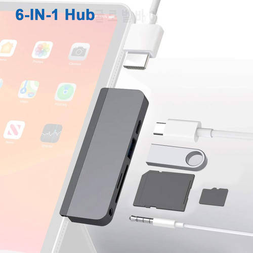 USB C Hub 6-in-1 USB C Adapter with 4K HDMI USB3.0 SD/TF Card Reader 3.5mm Audio PD 60W Power Delivery for IPad Pro Macbook Pro