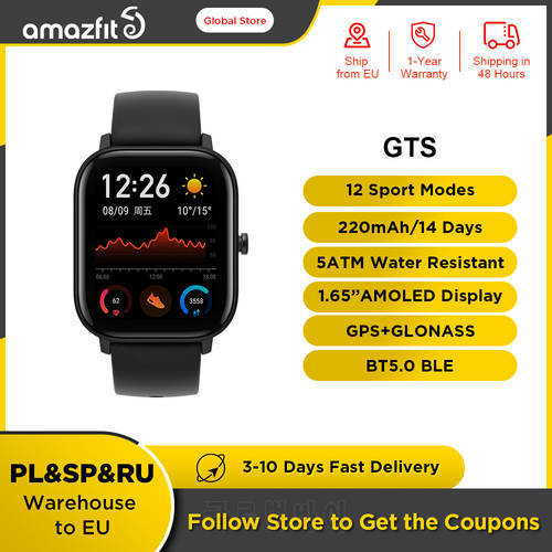 Original Global Version Amazfit GTS Smart Watch 5ATM Waterproof 14 Days Battery Fashion GPS Smartwatch for Men For Android