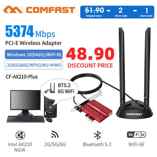 Tri band Wi-Fi 6E AX210 Bluetooth 5.2 Wireless 3000/5374Mbps 2.4G/5GHz/6G WiFi 802.11AX/AC PCI Express Network Card Adapter PC