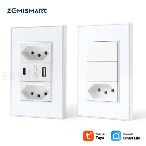 Zemismart WiFi Tuya Smart Brazil Socket Light Switch Wall Outlet USB Type-C Charging 110V 240V Alexa Google Home Voice Control