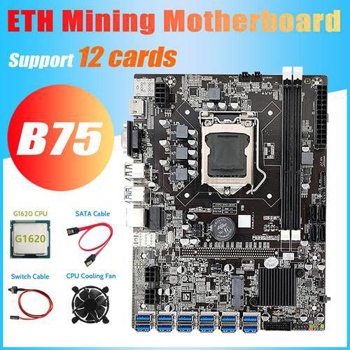 B75 ETH Miner Motherboard 12 PCIE To USB3.0+G1620 CPU+Cooling Fan+Switch Cable+SATA Cable MSATA DDR3 LGA1155 Motherboard