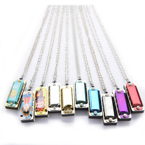 1pc Mini 4 Hole 8 Tone Harmonica Metal Necklace Design Chain Toy Gift Color Randomly
