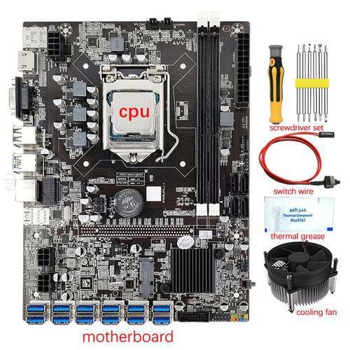 B75 12 GPU BTC Mining Motherboard+CPU+Fan+Thermal Grease+Switch Line+Screwdriver Kit 12 USB3.0 Slot LGA1155 DDR3 SATA3.0