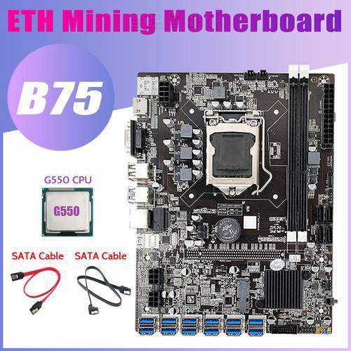 HOT-B75 BTC Mining Motherboard+G550 CPU+2Xsata Cable 12 PCIE To USB3.0 Adapter LGA1155 DDR3 B75 USB ETH Miner Motherboard