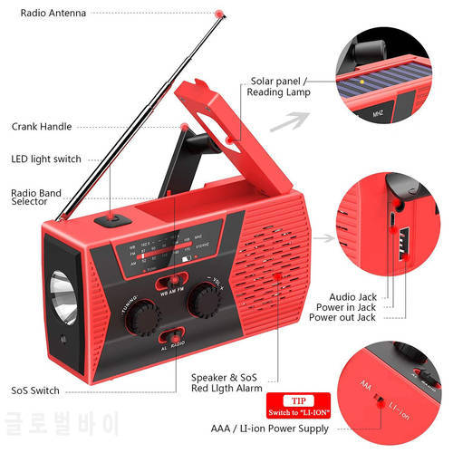 Portable Multifunctional Emergency Radio Solar Weather Radios with Hand Crank NOAA/AM/FM Headphone Jack Alarm Reading Lamp