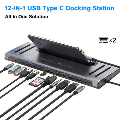 USB C HUB To 2 HDMI 4K Dual Monitor with Tablet Stand Gigabit RJ45 PD 3.5mm SD/TF USB-C Data Docking Station for MacBook Pro