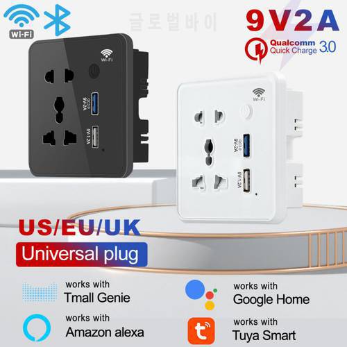 Tuya Wifi Usb Wall Power Socket US/EU/UK Dual Usb Plug QC3.0 9V 2A Smart Life App Timer Outlet Compatible With Alexa Google Home
