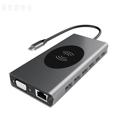 15 In 1 Type C HUB Dock Docking Station USB HUB Type C To HDMI-Compatible Wireless Charging USB 3.0 Adapter