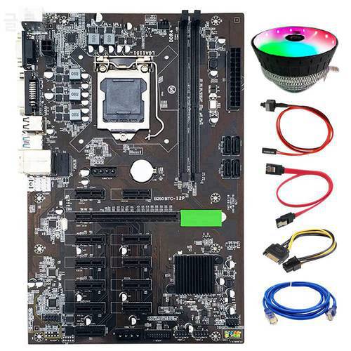 B250 BTC Mining Motherboard 12 GPU LGA1151 With RJ45 Network Cable+Cooling Fan+SATA Cable For Graphics Card ETH Miner