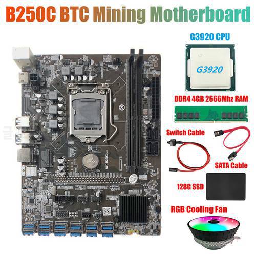 B250C Miner Motherboard+G3920 or G3930 CPU CPU+RGB Fan+DDR4 4GB RAM+128G SSD+Switch Cable+SATA Cable 12XPCIE to USB3.0 GPU Card