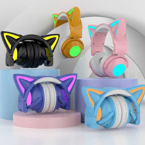 Wireless Headphone Cat Ear LED Light Mobile Phones Headset Stereo Music Headphones Girl Daughter Bluetooth 5.0 Headset for Girls