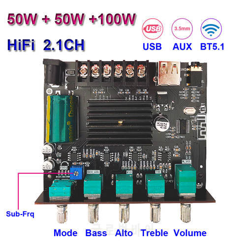 2*50W+100W Bluetooth Power Amplifier USB Sound Card Class D HiFi Home Subwoofer Theater Audio Stereo 2.1CH Equalizer AUX Amp