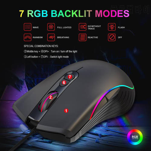 HXSJ A867 Wireless Gaming Mouse 6400dpi Adjustable Wired Mouse with RGB Light Gaming Backlight Rechargeable Mouse With TYPE-C
