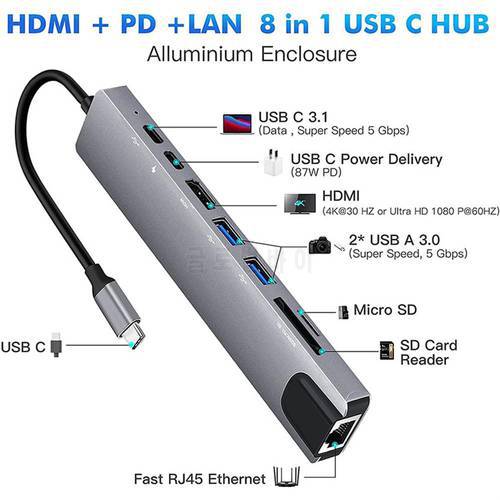 8 In 1 Usb C Hub Type C 3.1 To 4k Hdmi-compatible Adapter With Rj45 Sd/tf Card Reader Pd Fast Charge For Macbook Notebook