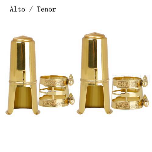 Alto Tenor Saxophone Mouthpiece Cap & Carved Metal Ligature Brass Gold Plated Protective Replacement Cap
