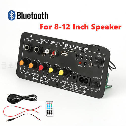 AC 110V 220V 12v 24v Digital Bluetooth Stereo Amplifier Board Subwoofer Dual Microphone Karaoke Amplifiers For 8-12 Inch Speaker