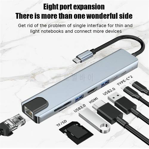 8-in-1 USB C Hub Docking Station USB C Adapter With 4K HDMI 3 USB 3.0 TF/SD Reader 2 Type C Ethernet USB Adapter For Laptop
