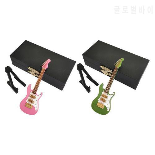 Mini Wood Electric Guitar Model Ornaments Decorative Collection with Bracket and Container Desk Decorations Guitar Toys