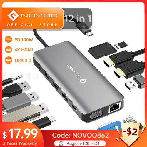 NOVOO 12-in-1 Type C to Dual HDMI-compatible VGA HUB USB 3.0 PD 100W RJ45 SD TF Reader Docking Station For MacBook Pro Switch