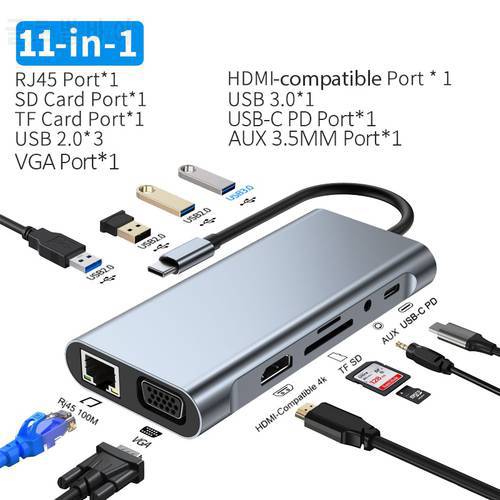 USB C Hub 11 in 1 Docking Station Adapter to 4K HDMI-compatible RJ45 Ethernet SD/TF 3.5MM AUX Hub for MacBook Pro Laptop