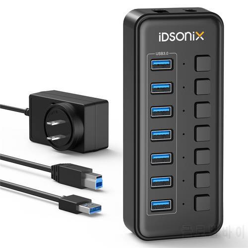 iDsonix USB 3.0 Hub 7-Port 12V / 2A Powered USB Hub with Individual Switches Aluminum Alloy USB Splitter for PC Computer