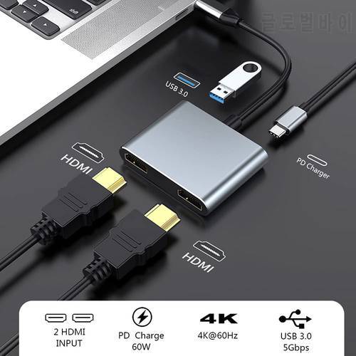USB C to Dual HDMI 4K @30hz 4 Port with Thunderbolt 3 USB 3.0 PD 2 HDMI Converter USB Type C Adapter for MacBook Pro/Air XPS
