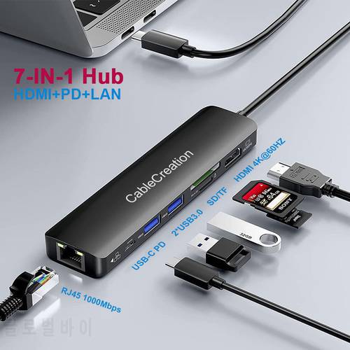 USB C Hub 7-in-1 Hub Dockteck with 4K 60Hz HDMI/1Gbps Gigabit Ethernet/100W PD/2 USB 3.0/SD/TFfor MacBook Pro/ Air iPad Pro XPS