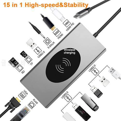 15 In 1 USB C Hub Adapter USB-C Docking Station With 4K HDMI VGA RJ45 Wireless Charger 100W PD SD TF For MacBook Pro Huawei Mate