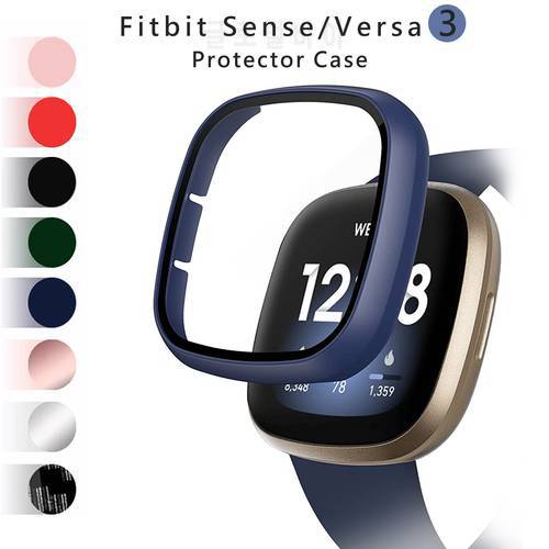 Tempered Glass Screen Protector for Fitbit Versa 3 Case, Bumper Matte PC Full Protective Shell Fitbit Sense Cover Accessorie
