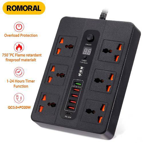 3000W 6 Outlet Power Strip Surge Protector Multiprise Smart Home 2 Meter Extension Electrical Socket with PD20W QC3.0 6 USB Port
