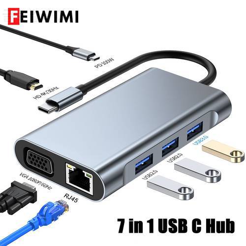 7 in 1 USB C Hub Type-C Adapter For USB 3.0 HDMI-4K 30HZ 87W PD Charge VGA RJ45 7 Port Docking Station for Macbook Accessories