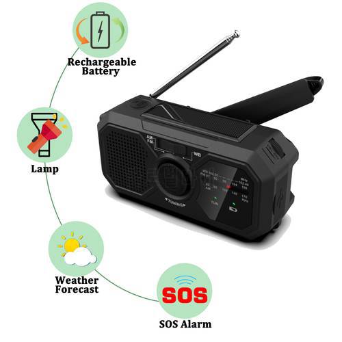 Emergency Radio AM/FM/WB Solar Power Generation Weather Radio Hand Crank Rechargeable Flashlight Mobile Power Bank