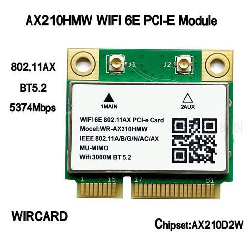 Mini PCI-E WiFi Card AX210 Wlan Network Card For Win10 WIFI6E 5374Mbps AX210HMW PCI-E Bluetooth 5.2 802.11AX 2.4G/5G/