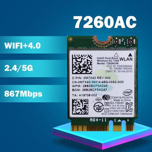 Brand New Dual band 7260AC 7260NGW 7260NGWAC Wireless-AC NGFF 2x2 802.11ac 867Mbps Wifi+Bluetooth4.0 Wireless Wlan M.2 Card