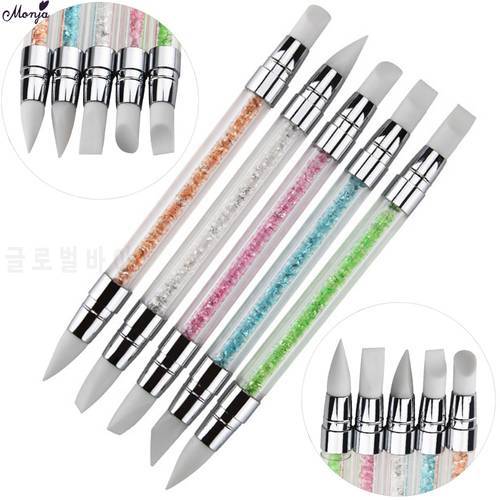 Monja Dual End Rhinestone Crystal Nail Art Brush Silicone Head Carving Emboss Shaping Hollow Sculpture Dotting Pen Manicure Tool
