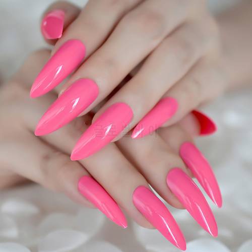 Hot Pink Extra Long False Nails Stiletto Tips Oval Sharp End Stilettos Fake Nail Rose Red Gel Manicure Artificial Nails Salon