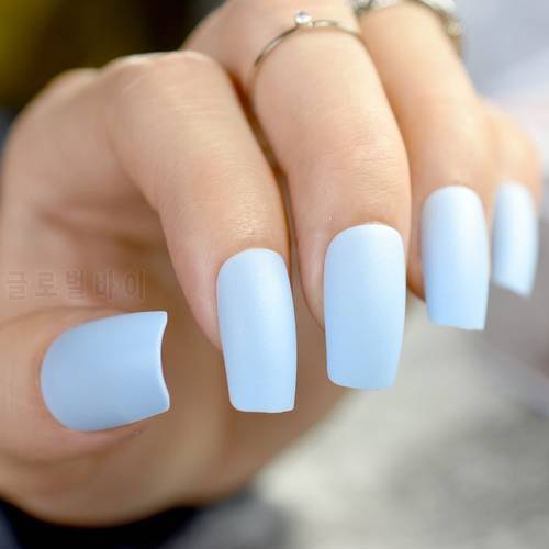 Sky blue Fake Nails Matte Full Nails Long Nail Art Decoration Tips 24 Nails with Glue Sticker in 10 sizes